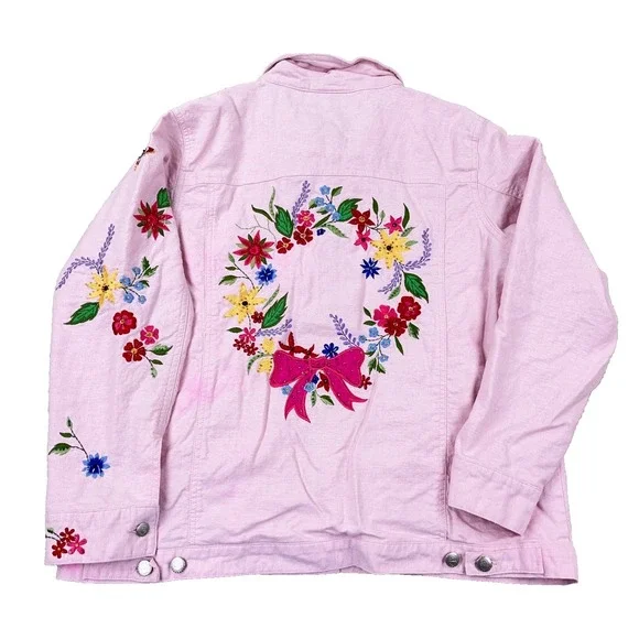 Vintage Quacker Factory Jacket Women Large Pink Embroidered Flower Linen Boho - Picture 2 of 16
